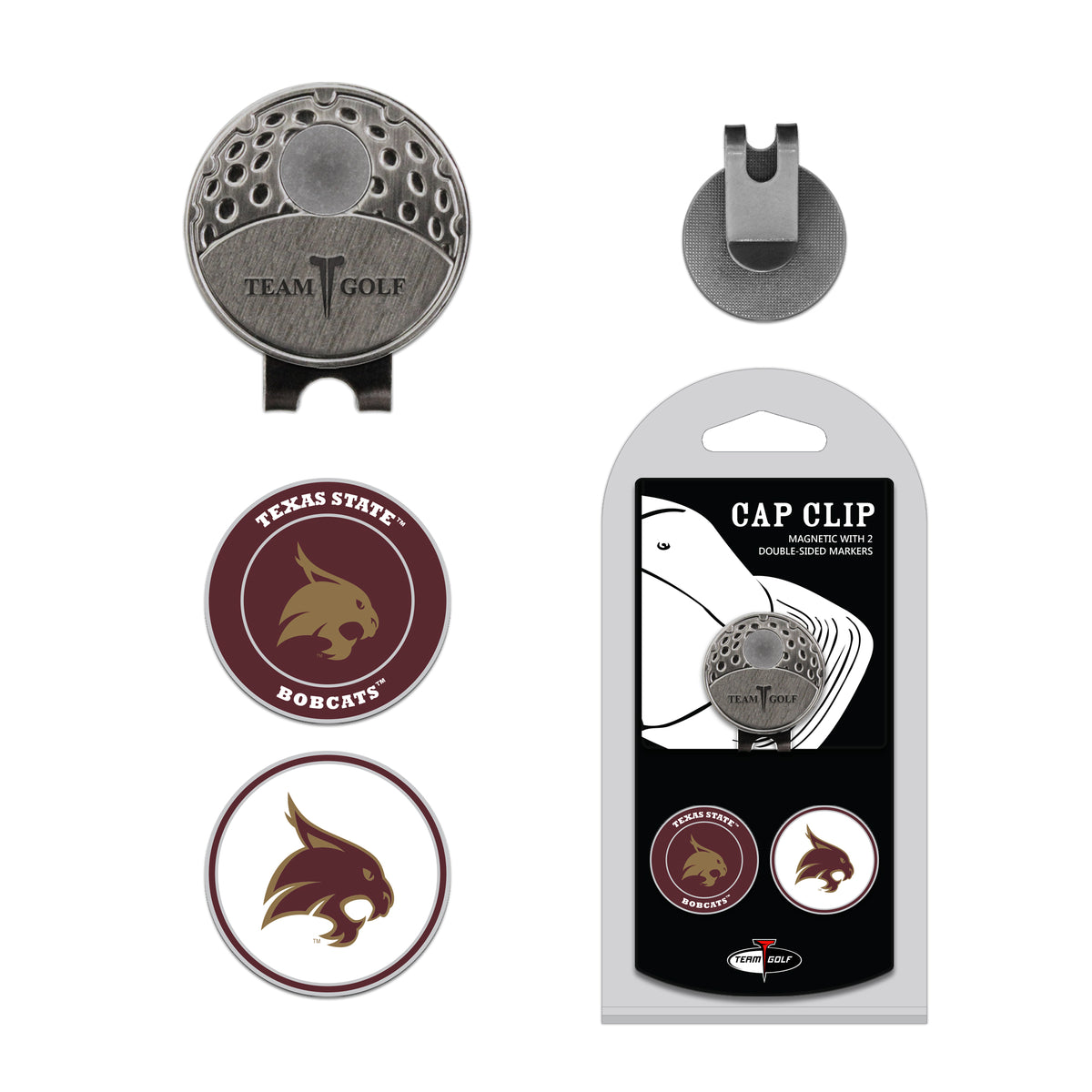 Texas State Bobcats hat clip with two golf ball markers