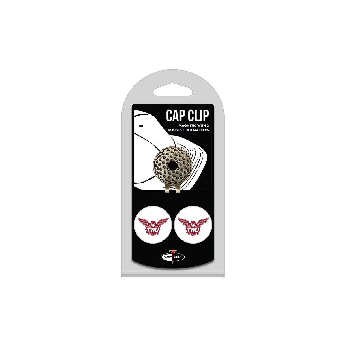 Texas Woman's University hat clip with two golf ball markers