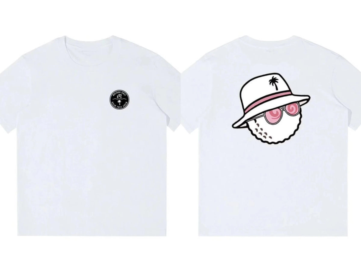 Two white t-shirts with a graphic design on a white background