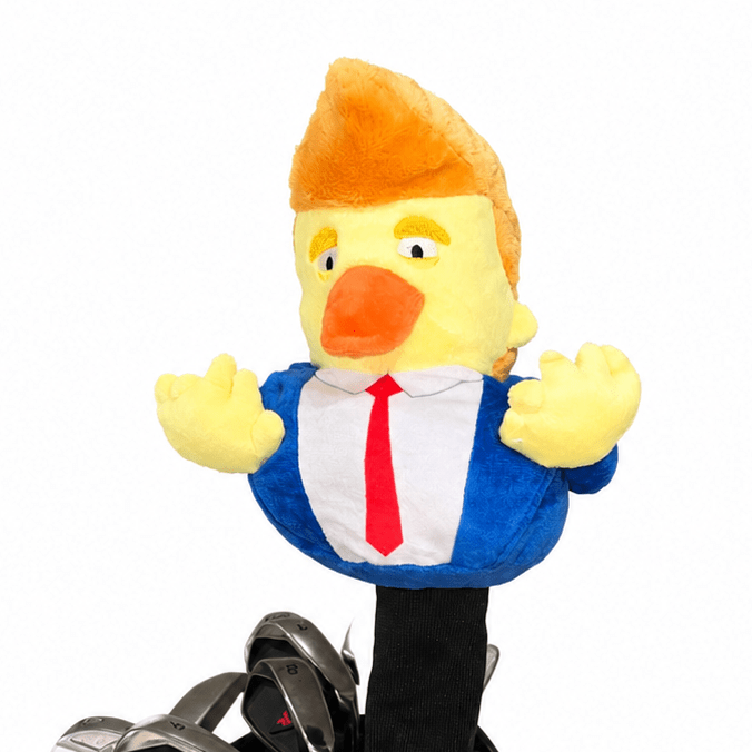 Golf bag with a cartoon duck head cover on a white background