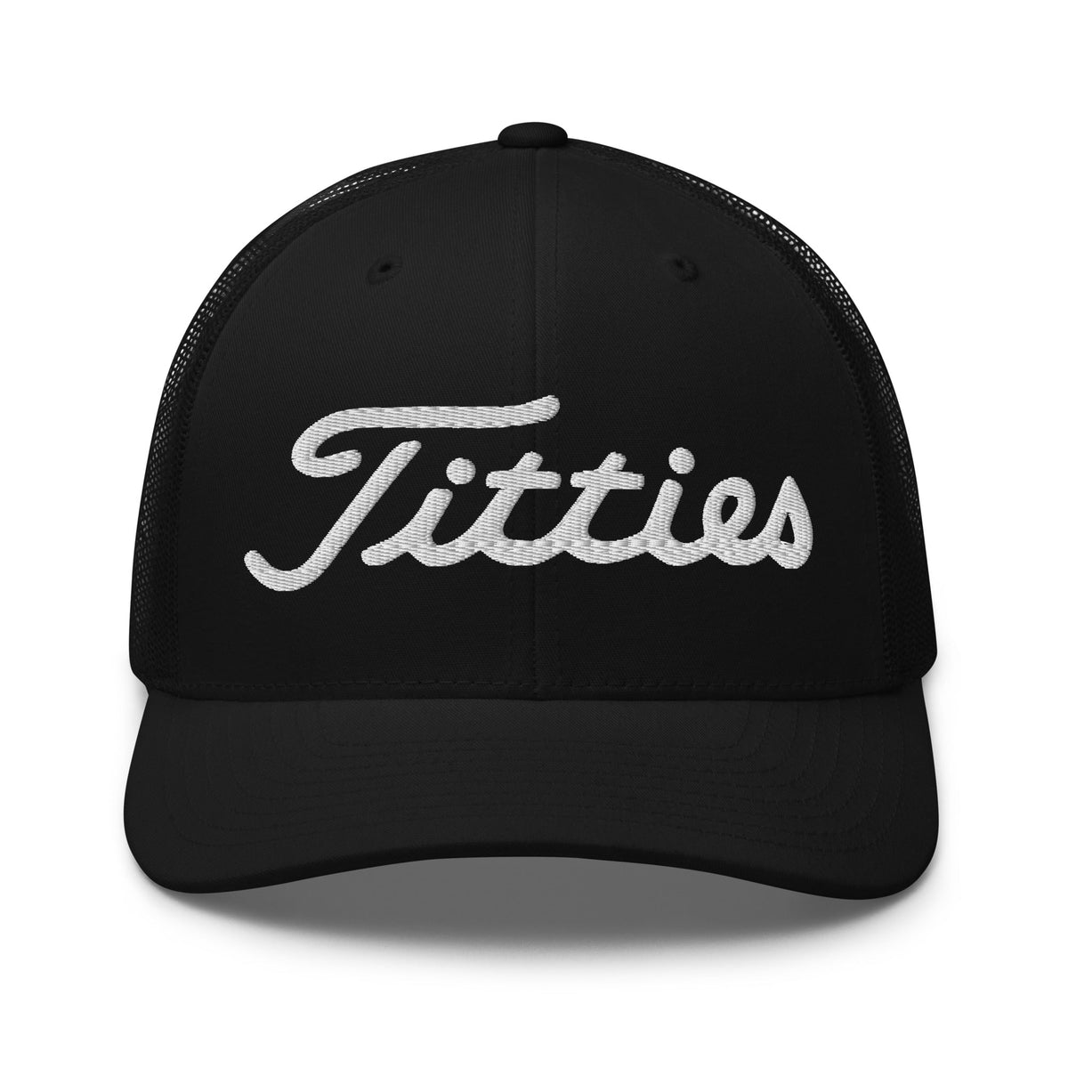 Black cap with 'Titties' embroidered on a white background