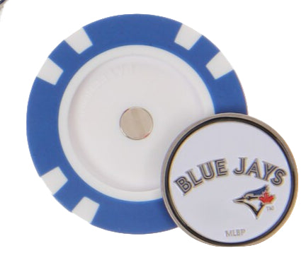Poker chip with Blue Jays logo on a white background