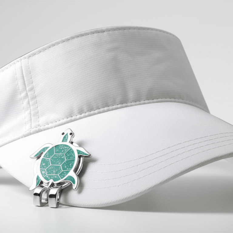 White visor cap with a green and silver turtle emblem on a white background