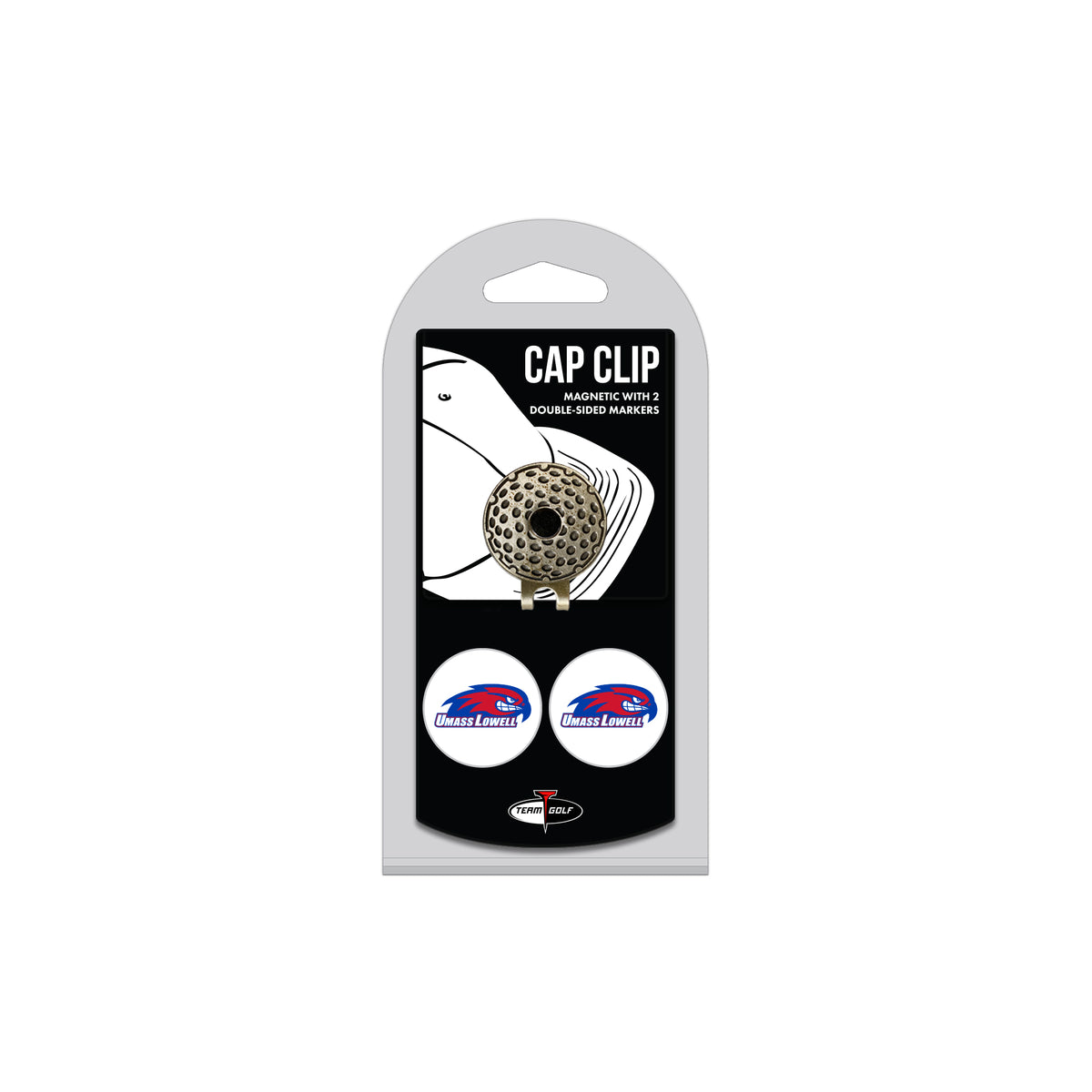 UMass Lowell hat clip with two golf ball markers