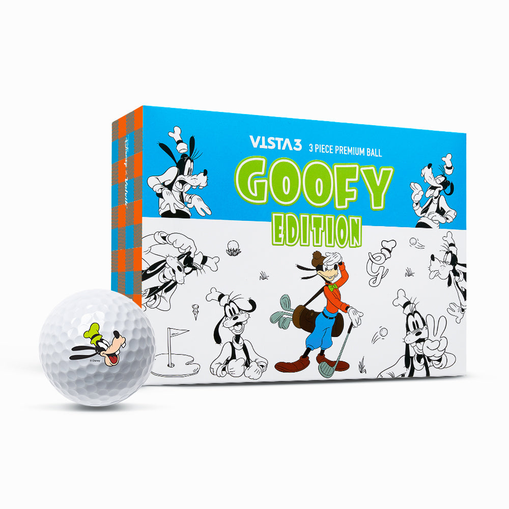 Volvik Disney Goofy dozen golf ball box with Goofy artwork and a white Vista3 ball