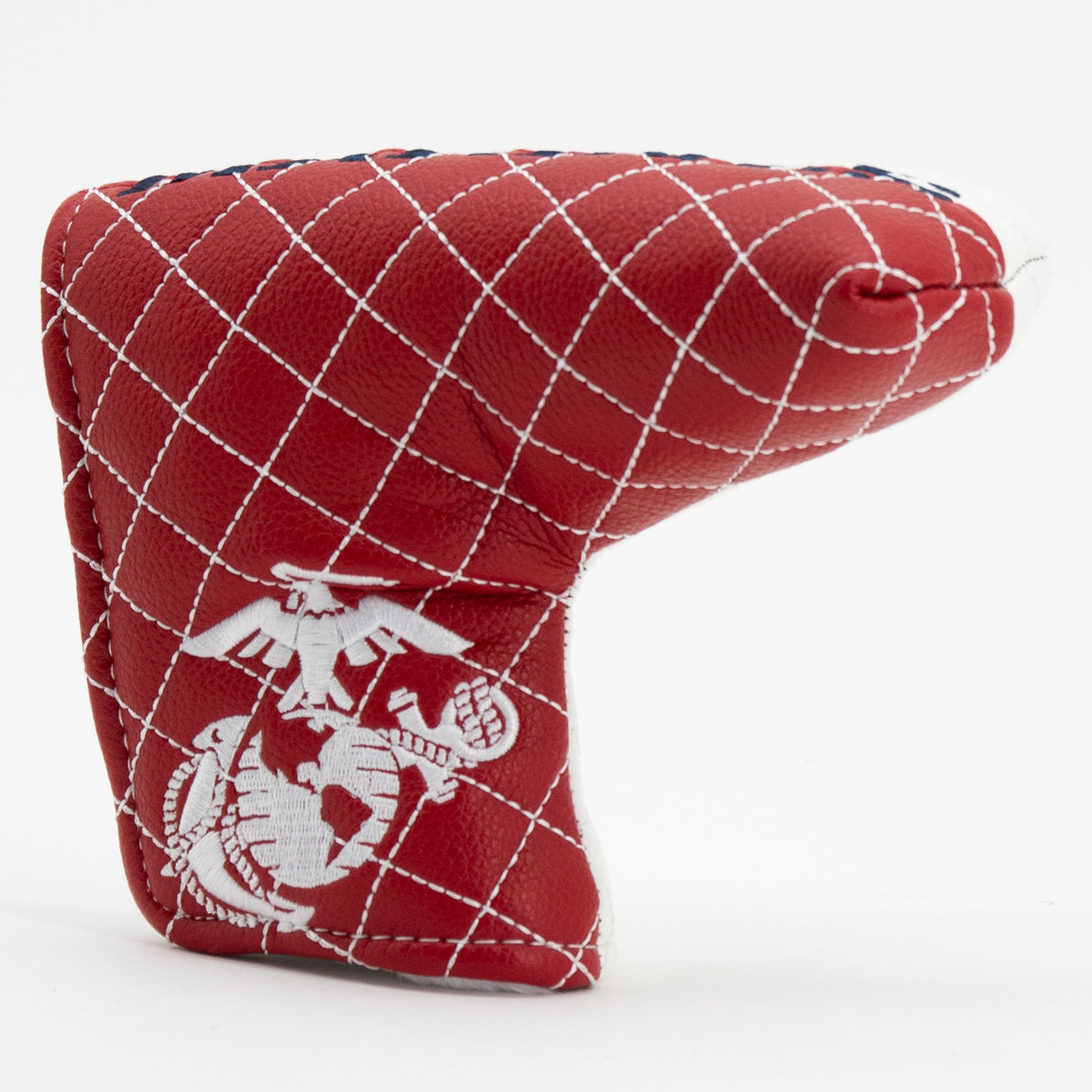 U.S. Marines split quilted blade putter headcover, angled red side with embroidered Marine Corps emblem