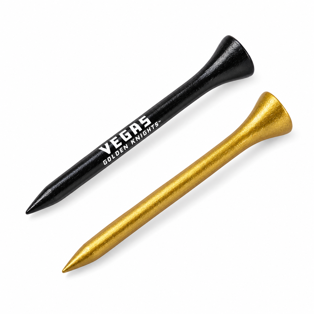Vegas Golden Knights golf tees in black and metallic gold, with the gold tee shown from the reverse side.
