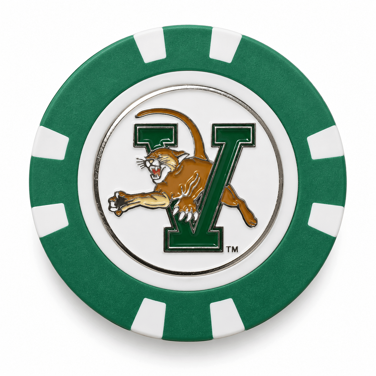 Vermont Catamounts poker chip front with green V logo