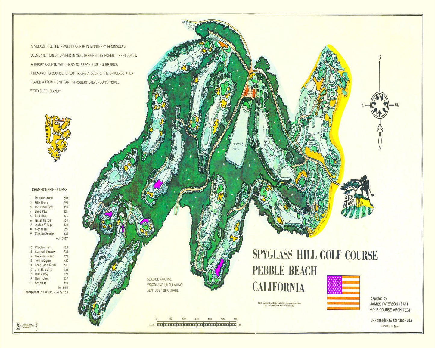 Vintage Map of Spyglass Hill Golf Course, 1974 - Unframed Print 18" x 12" - Club Rehab