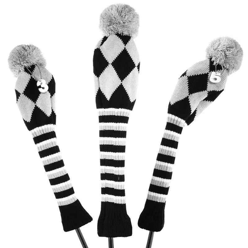 Vintage Vibe Golf Club Headcovers Set – 3pcs Knitted Pom Pom Sock Covers for Drivers and Fairway Woods - Club Rehab - HeadcoverMonochrome Magic45134537031872