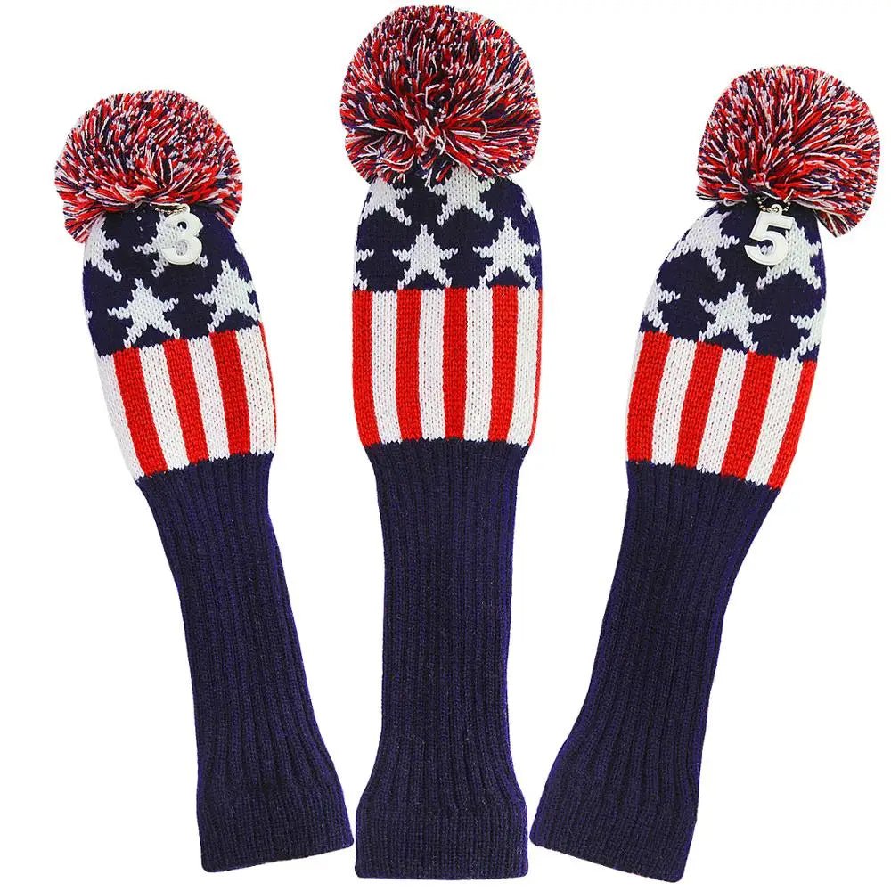 Vintage Vibe Golf Club Headcovers Set – 3pcs Knitted Pom Pom Sock Covers for Drivers and Fairway Woods - Club Rehab - HeadcoverBaby Blue Argyle SwaggerSet of three colorful knitted pom pom sock covers for golf clubs, including covers for driver and fairway woods.