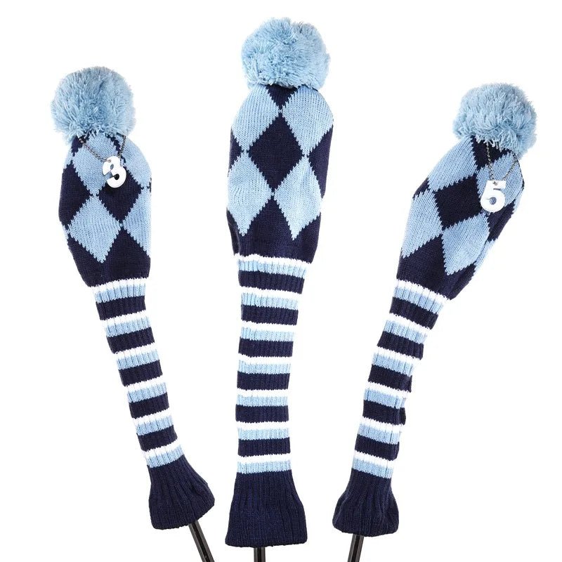 Vintage Vibe Golf Club Headcovers Set – 3pcs Knitted Pom Pom Sock Covers for Drivers and Fairway Woods - Club Rehab - HeadcoverBaby Blue Argyle Swagger45134536605888