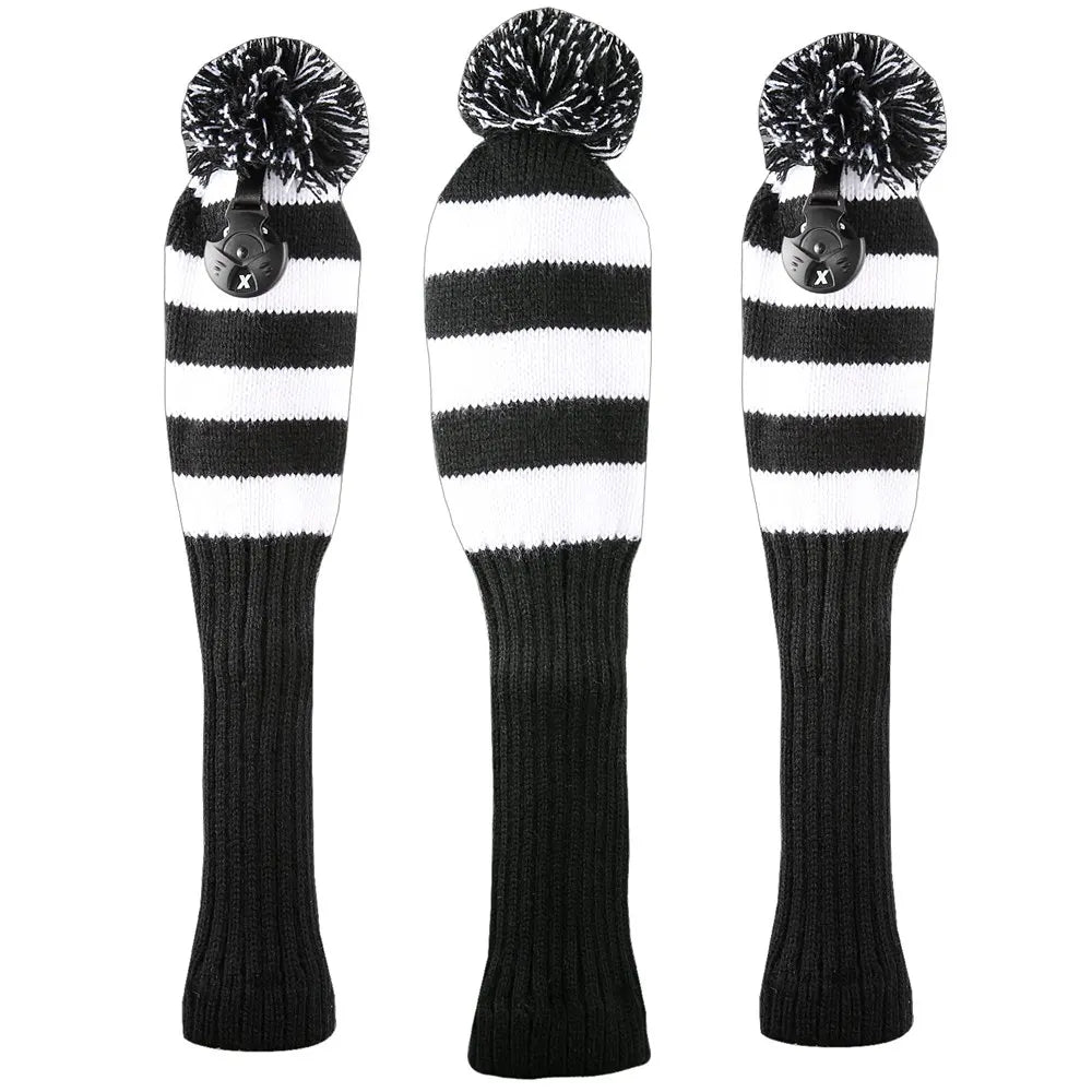 Vintage Vibe Golf Club Headcovers Set – 3pcs Knitted Pom Pom Sock Covers for Drivers and Fairway Woods - Club Rehab - HeadcoverZebra Stripe45134536900800