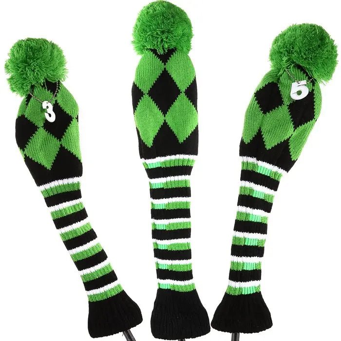Vintage Vibe Golf Club Headcovers Set – 3pcs Knitted Pom Pom Sock Covers for Drivers and Fairway Woods - Club Rehab - HeadcoverGreen Goblin Argyle45134536933568