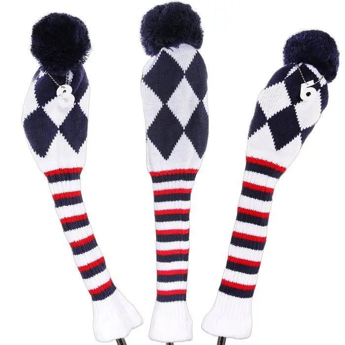 Vintage Vibe Golf Club Headcovers Set – 3pcs Knitted Pom Pom Sock Covers for Drivers and Fairway Woods - Club Rehab - HeadcoverPatriotic Plaid45134536868032