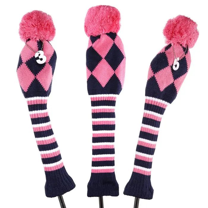 Vintage Vibe Golf Club Headcovers Set – 3pcs Knitted Pom Pom Sock Covers for Drivers and Fairway Woods - Club Rehab - HeadcoverPink Panther45134536835264
