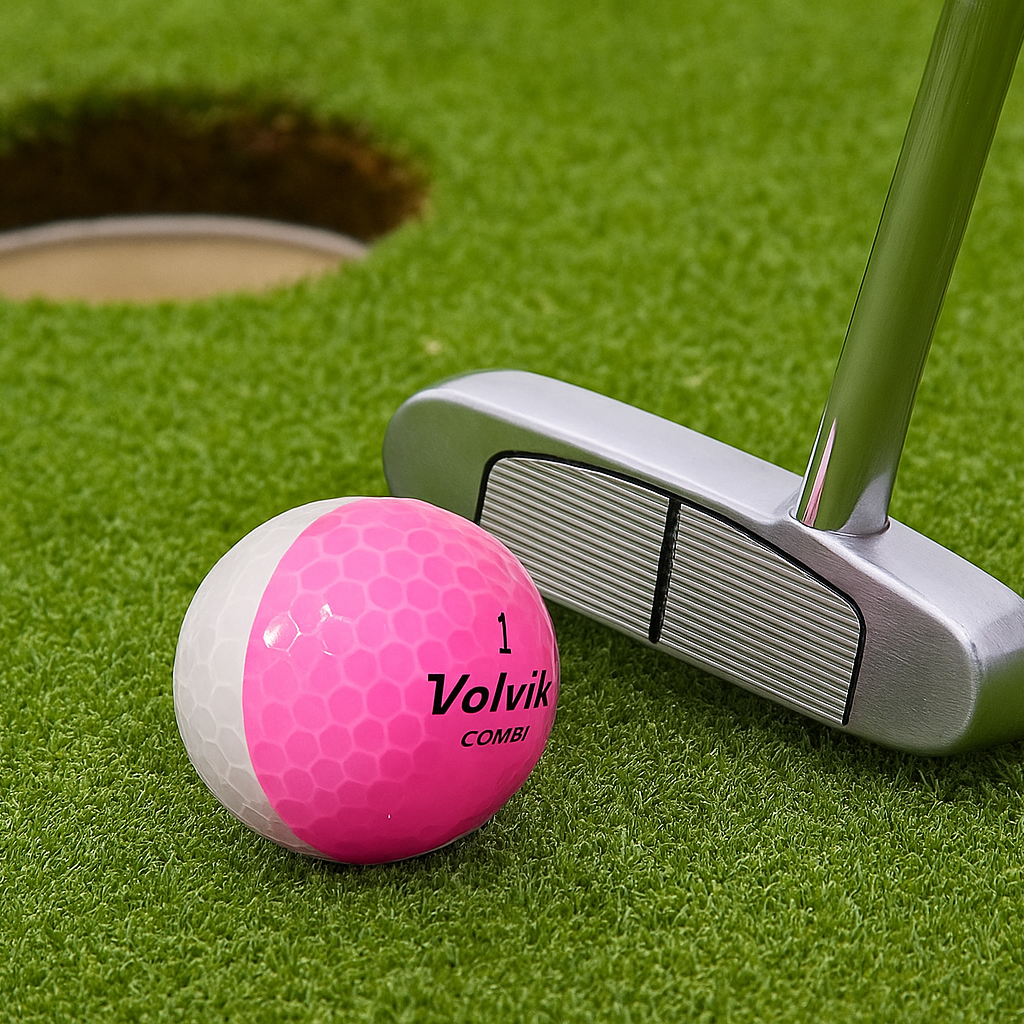 Volvik BCRF Crystal Combi pink golf ball beside a putter on a putting green
