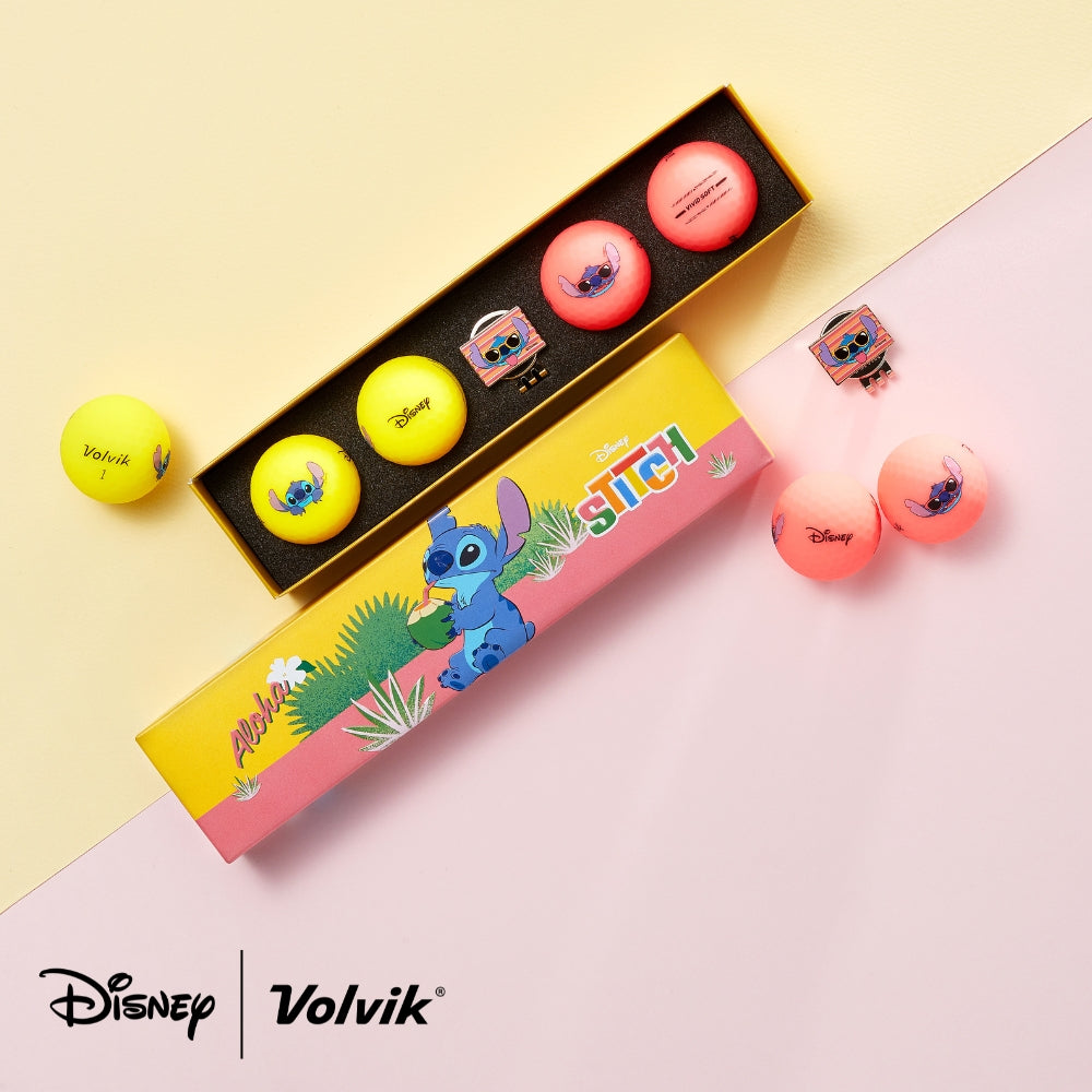 Volvik Disney Stitch Aloha Vivid Soft four golf balls with magnetic ball marker and hat clip