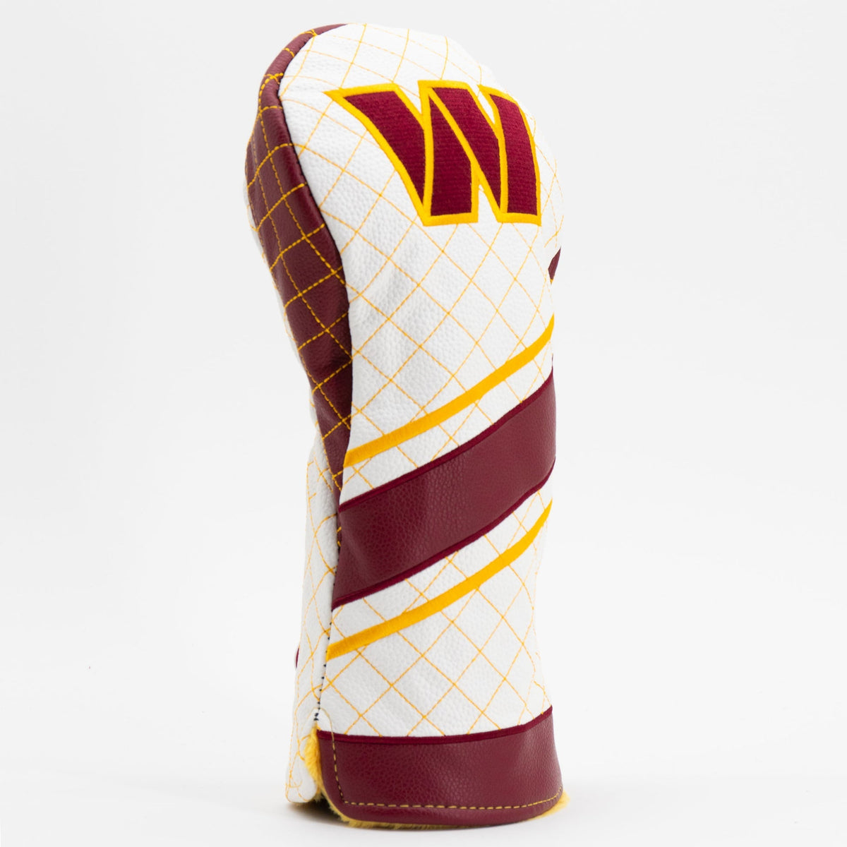 Golf club head cover with maroon, white, and yellow design on a white background