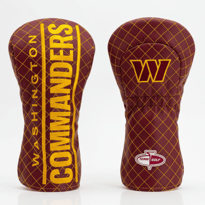 Two maroon and yellow golf club head covers with 'Washington Commanders' branding on a white background.