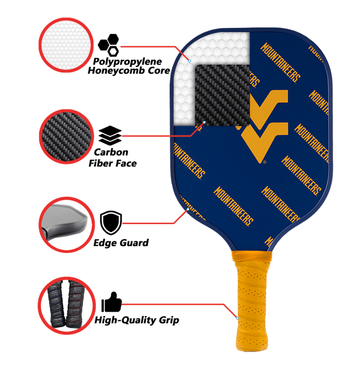 West Virginia Mountaineers Pickleball Paddle | Carbon Fiber Face | 12mm Core - Club Rehab