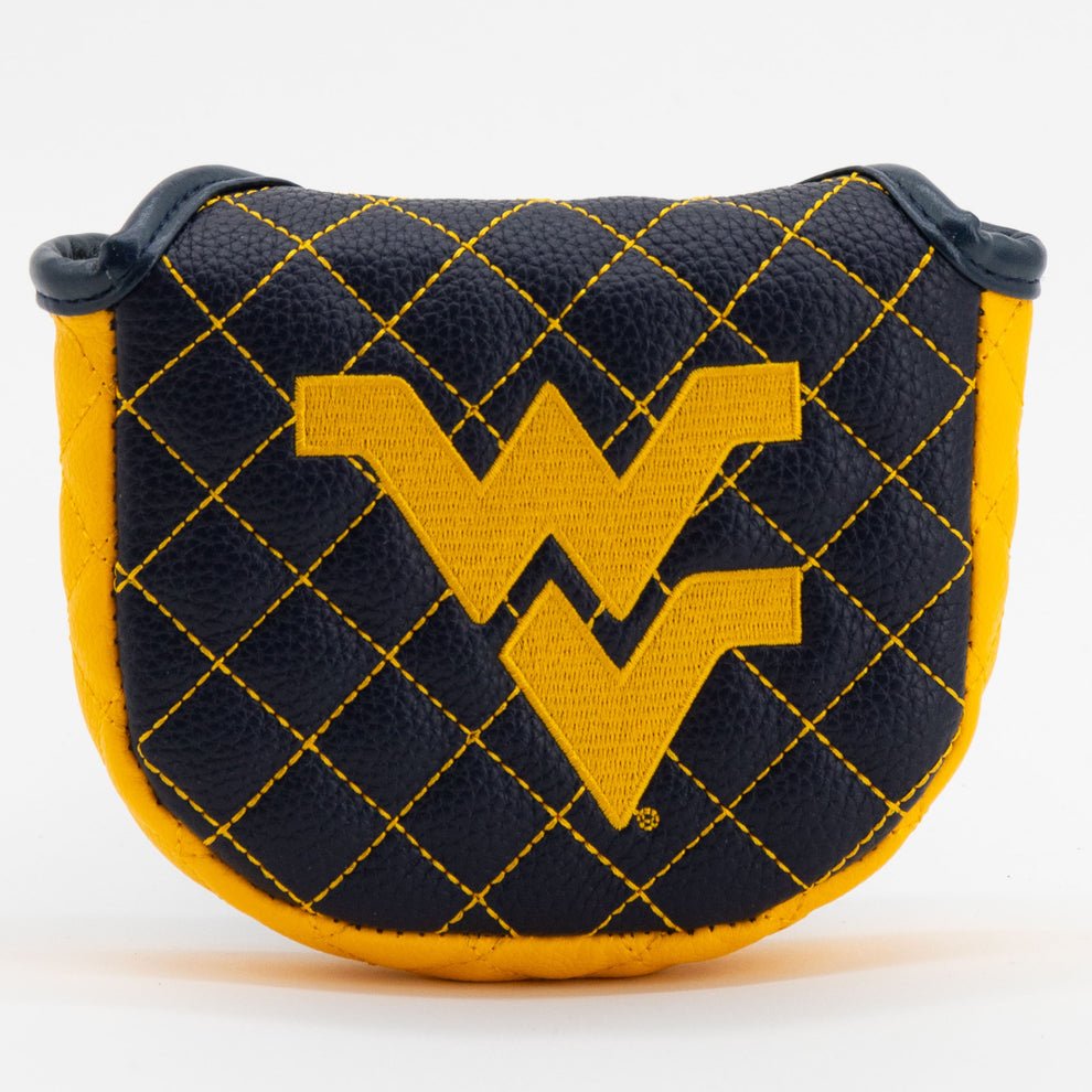 Black and yellow quilted bag with a logo on a white background