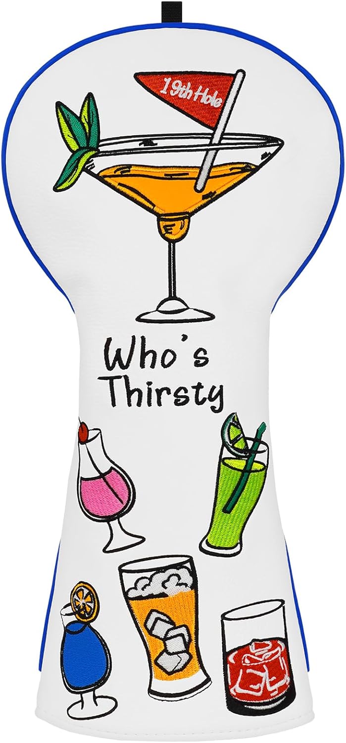 Who’s Thirsty driver headcover cocktail embroidery front view