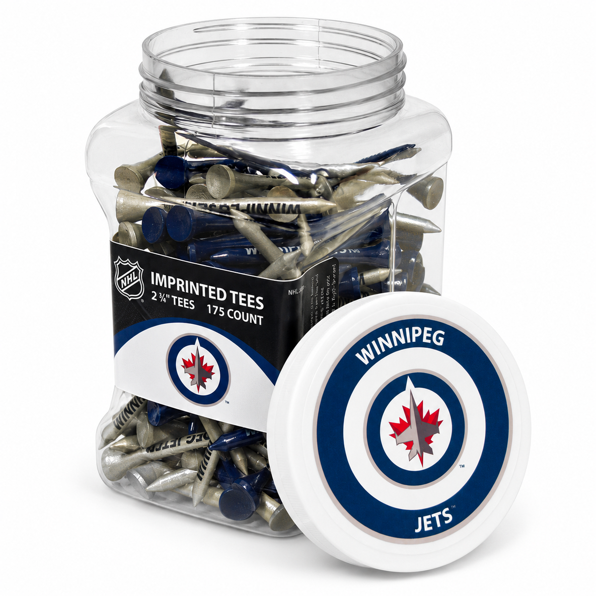 Winnipeg Jets jar containing 175 2¾-inch golf tees with its separate team-logo lid.