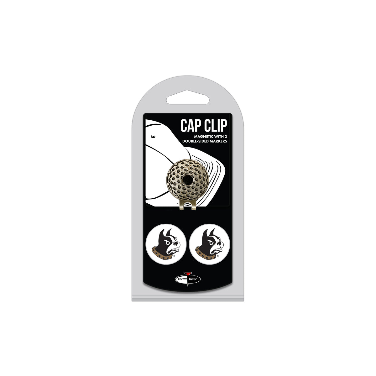 Wofford College hat clip with two golf ball markers