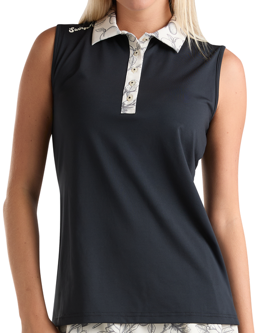 Magnolia Toile Women’s Sleeveless Polo – Black