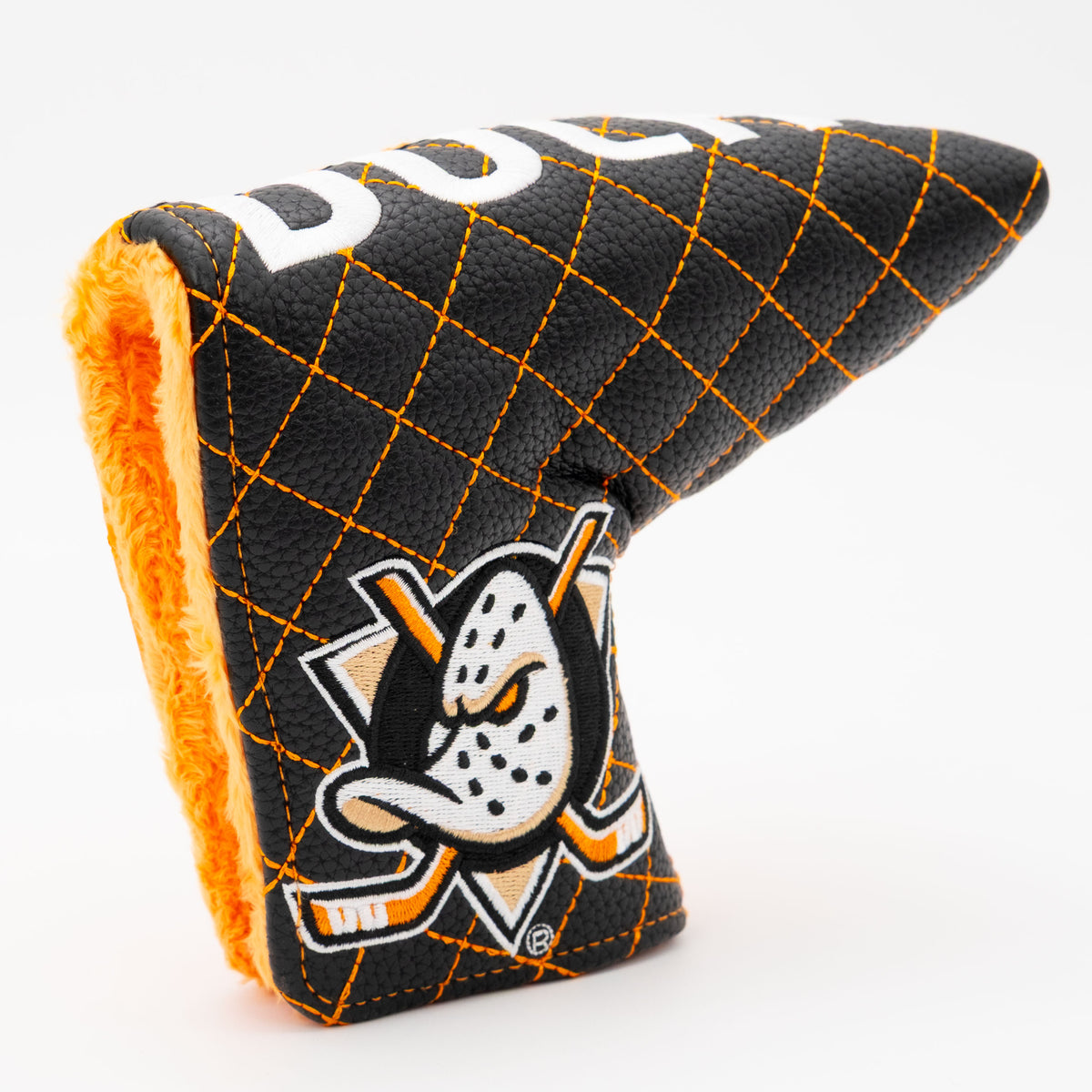 Anaheim Ducks split quilted blade putter cover: original opening and lining detail