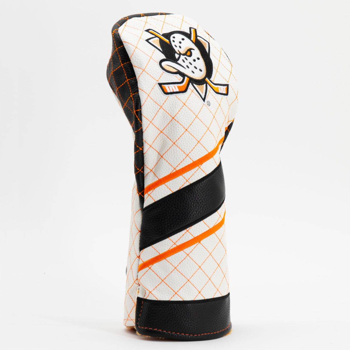 Anaheim Ducks striped quilted driver headcover, close-up of diamond stitching and exterior texture