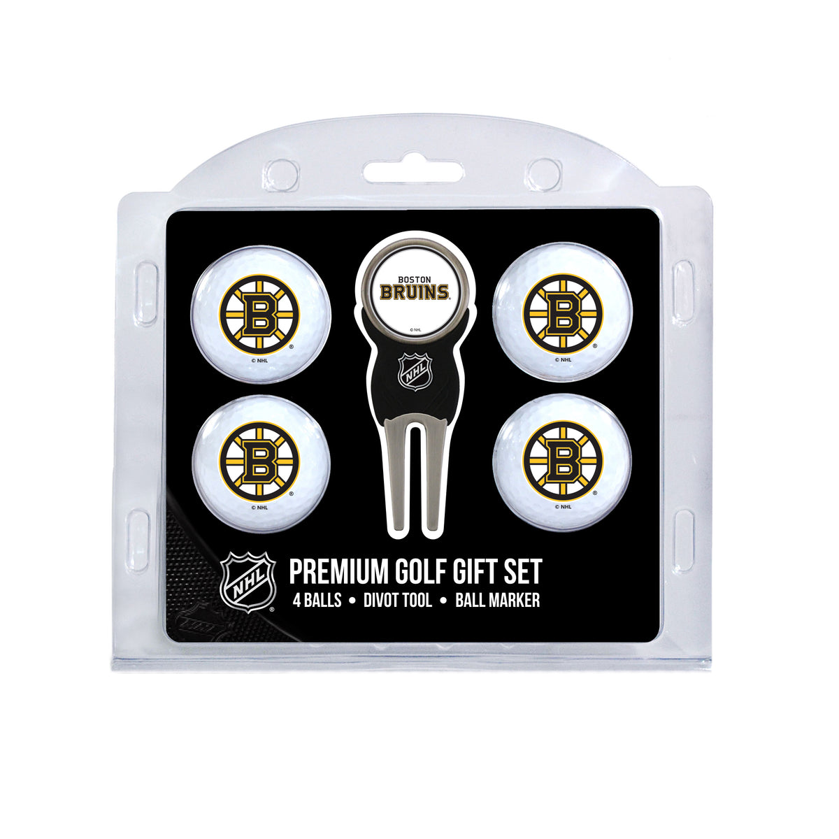 Boston Bruins four ball golf gift set with divot tool and ball marker