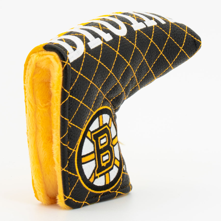 Boston Bruins split quilted blade putter cover: original opening and lining detail