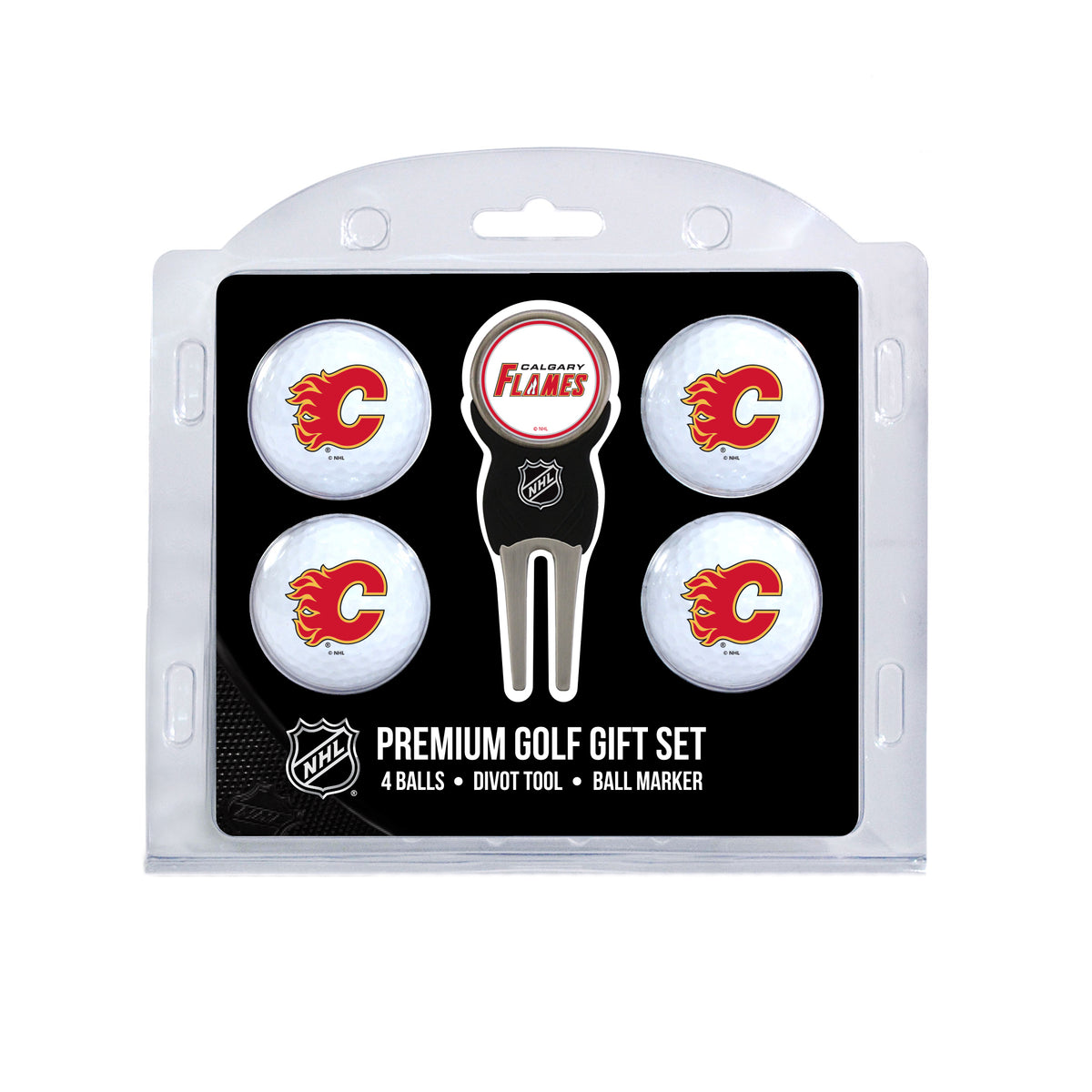 Calgary Flames four ball golf gift set with divot tool and ball marker
