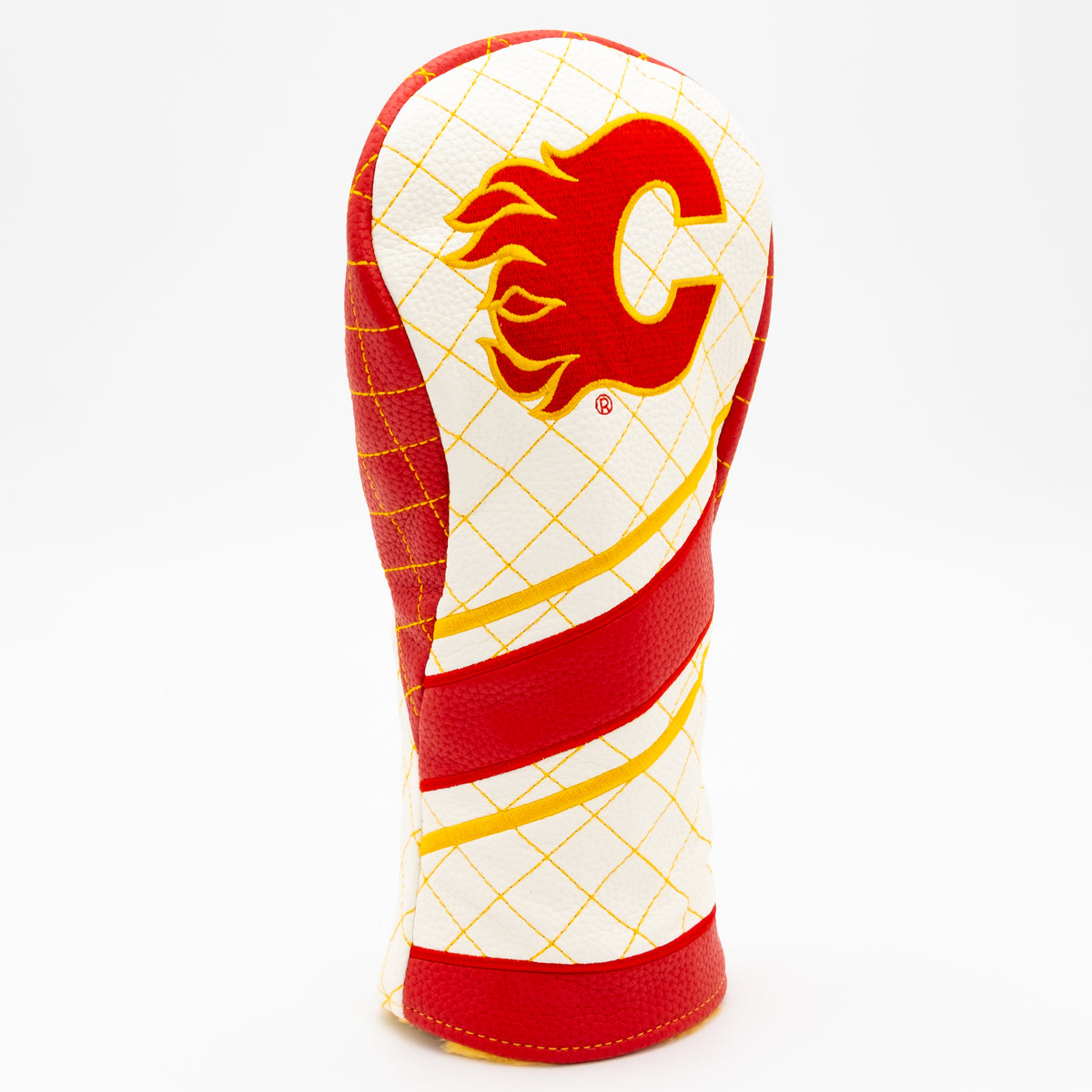 Calgary Flames Striped Fairway quilted headcover, angled view