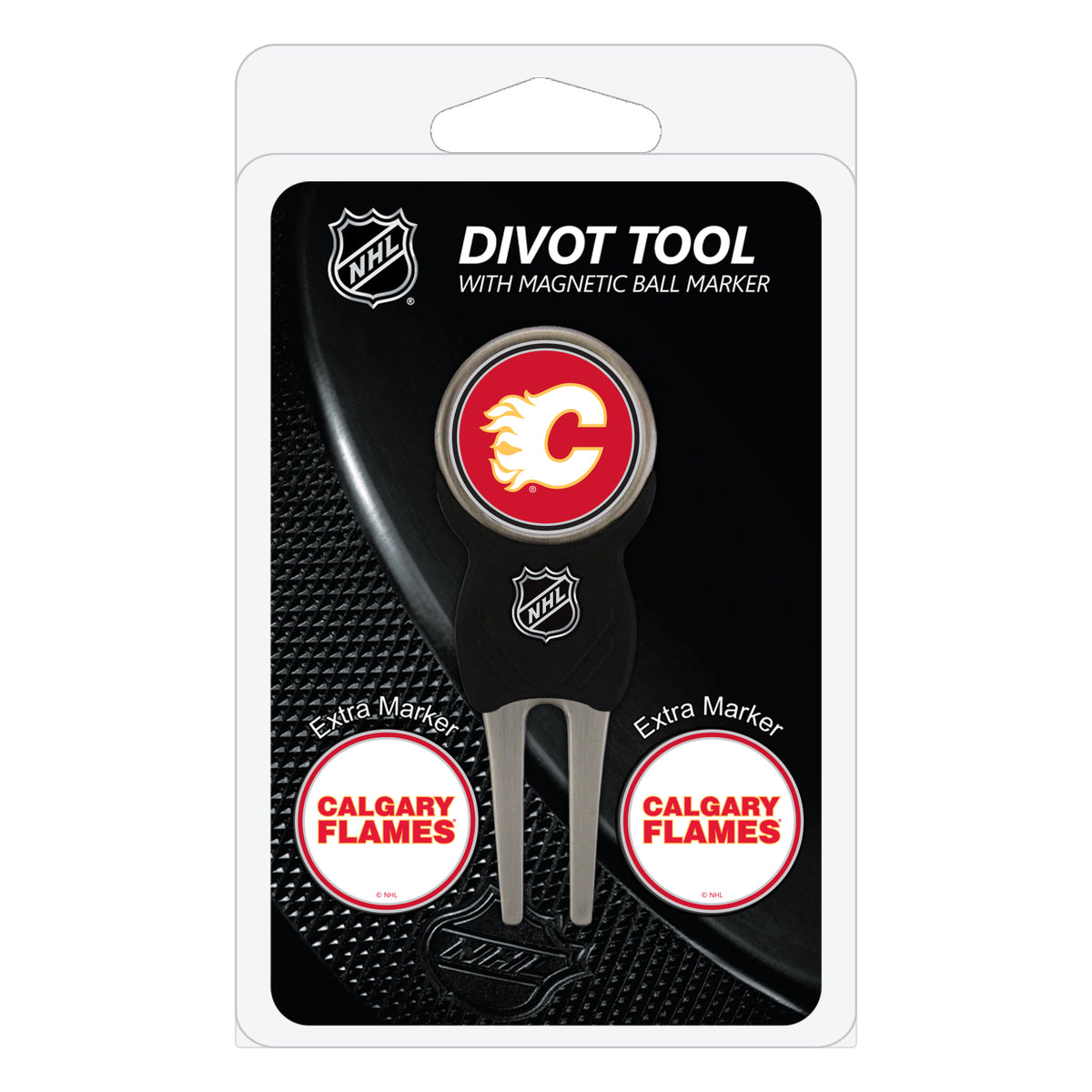Calgary Flames divot repair tool and three ball markers