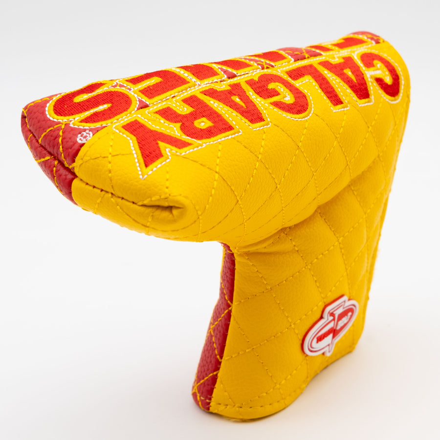 Calgary Flames split quilted blade putter cover: original opening and lining detail