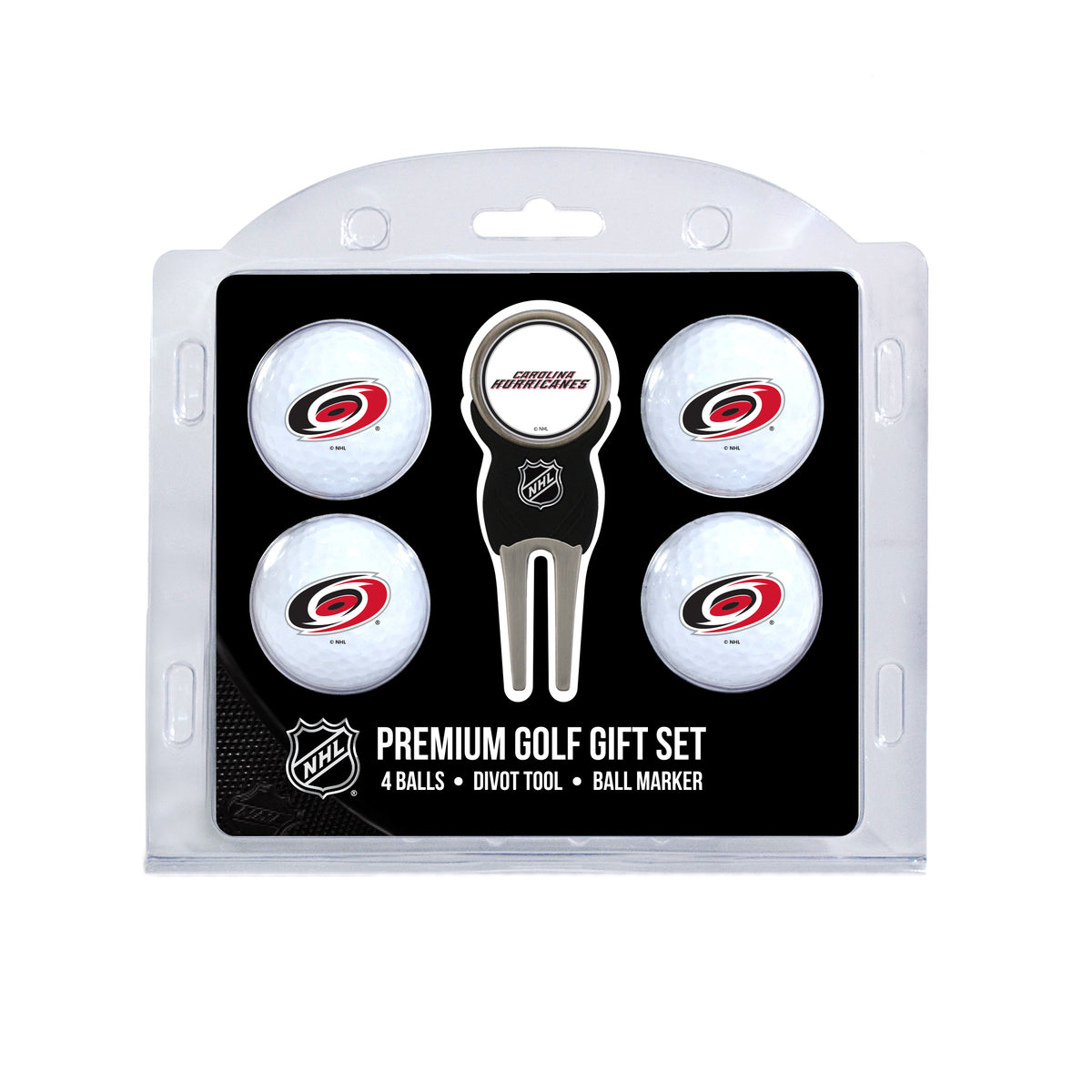 Carolina Hurricanes four ball golf gift set with divot tool and ball marker
