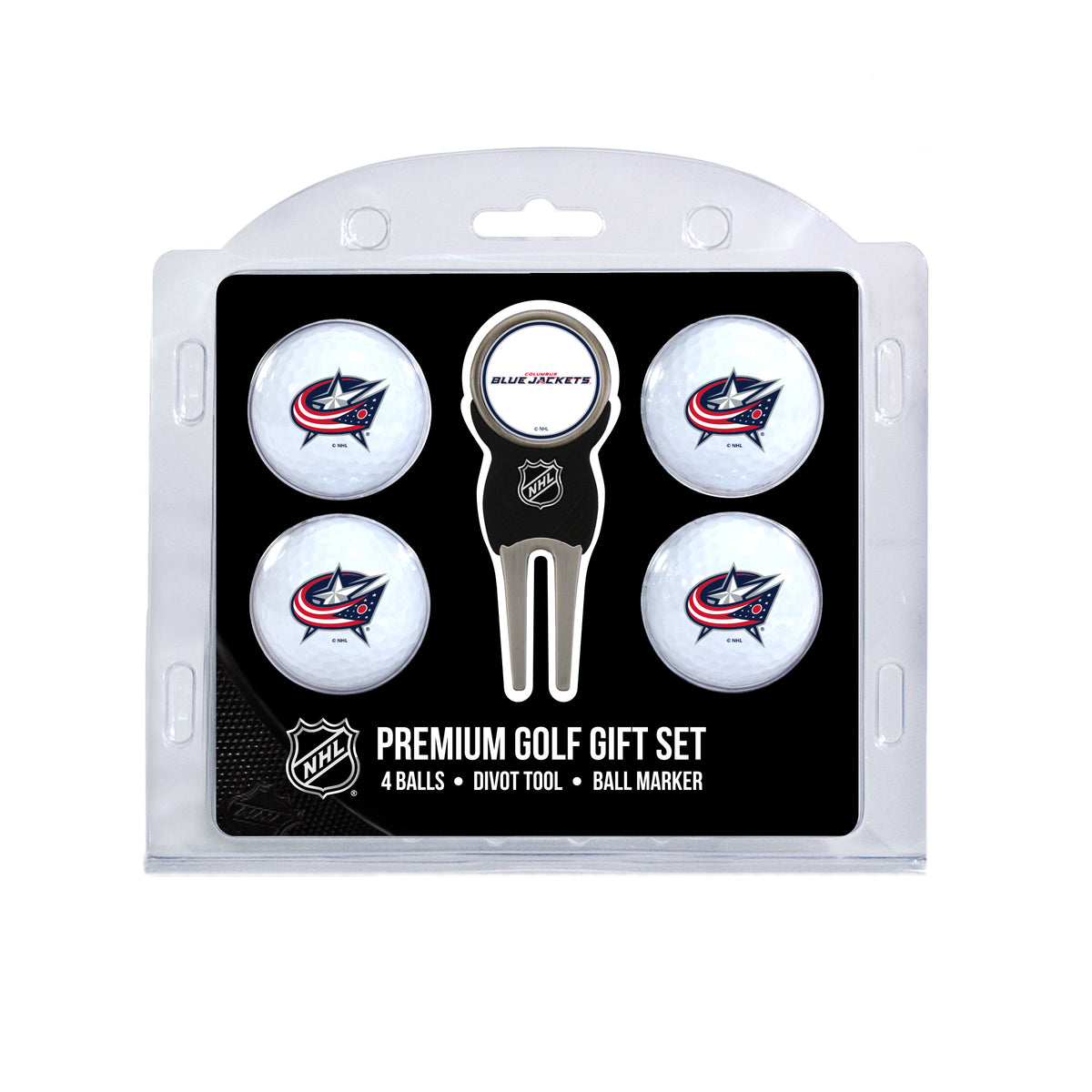 Columbus Blue Jackets four ball golf gift set with divot tool and ball marker