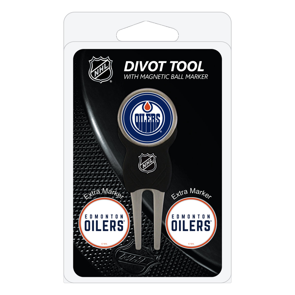 Edmonton Oilers divot repair tool and three ball markers