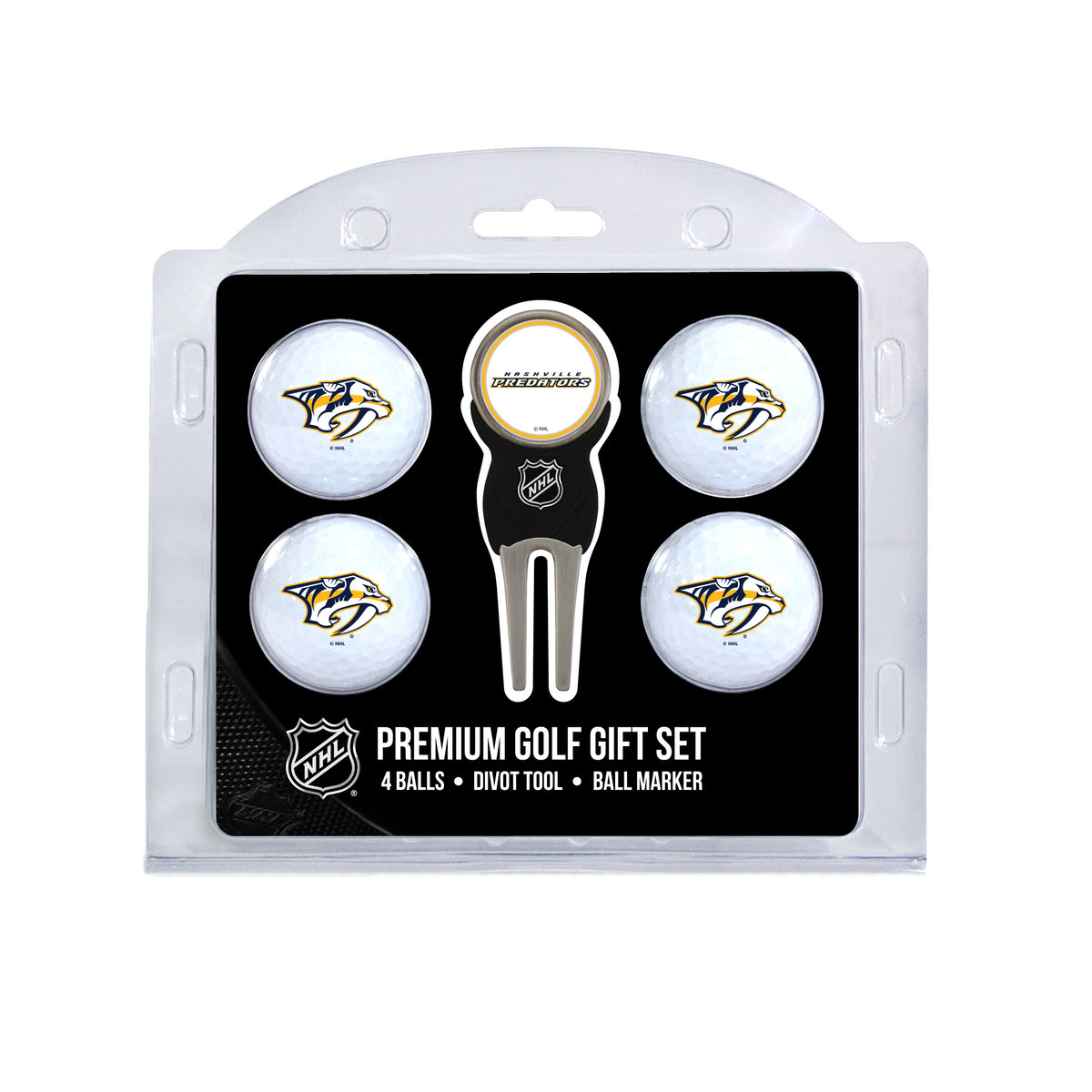 Nashville Predators four ball golf gift set with divot tool and ball marker