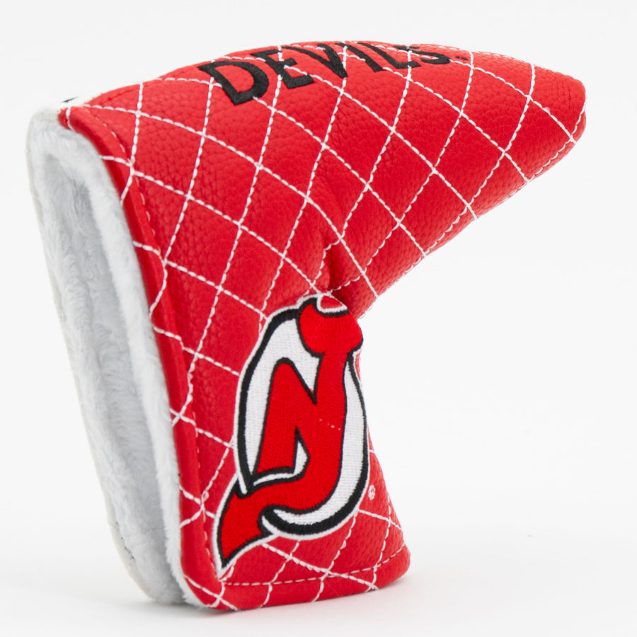 New Jersey Devils split quilted blade putter cover: original opening and lining detail
