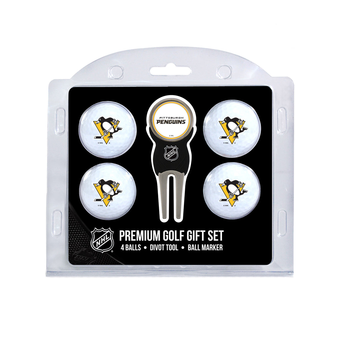 Pittsburgh Penguins four ball golf gift set with divot tool and ball marker