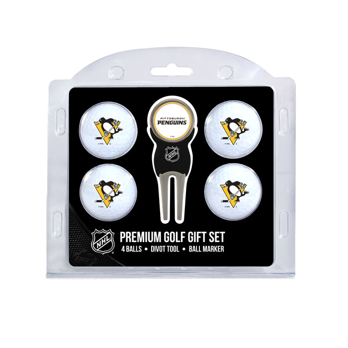 Pittsburgh Penguins four ball golf gift set with divot tool and ball marker