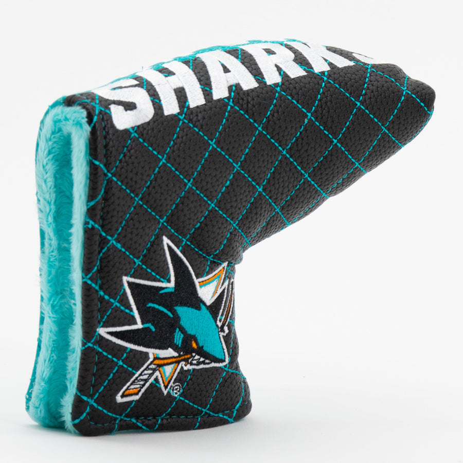 San Jose Sharks split quilted blade putter cover: original opening and lining detail