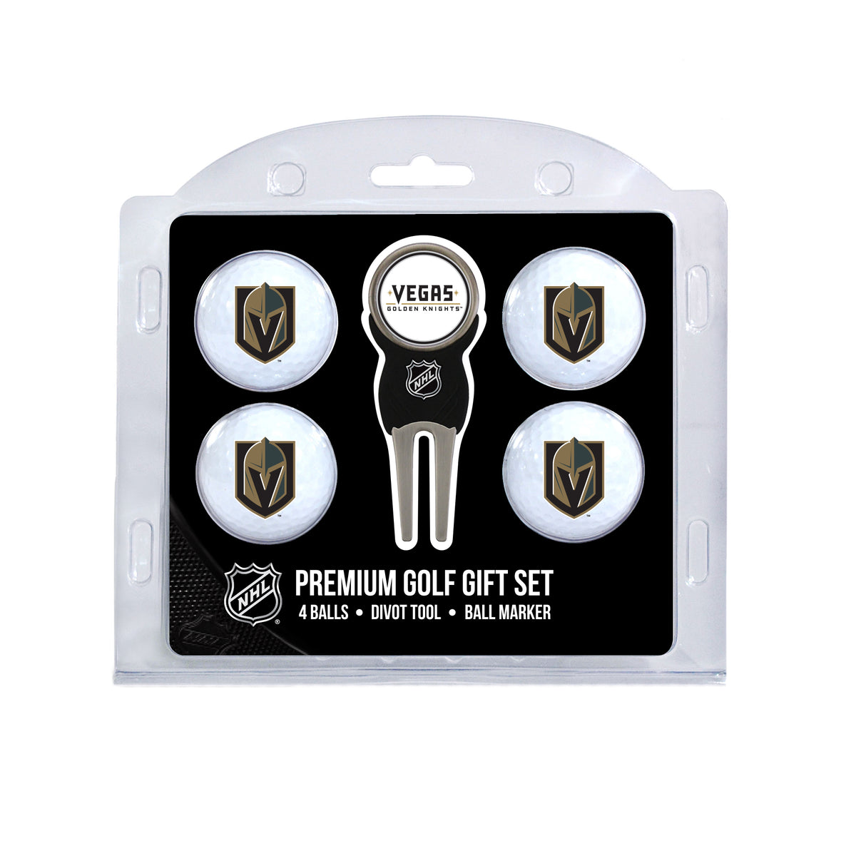 Vegas Golden Knights four ball golf gift set with divot tool and ball marker