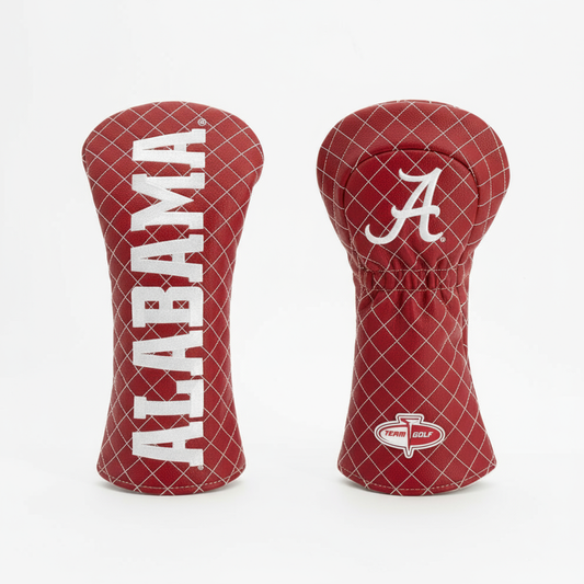 Two red golf club head covers with 'Alabama' and a logo on a white background