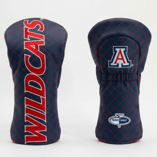 Two golf club head covers, one with 'Wildcats' text and the other with a logo, on a white background.