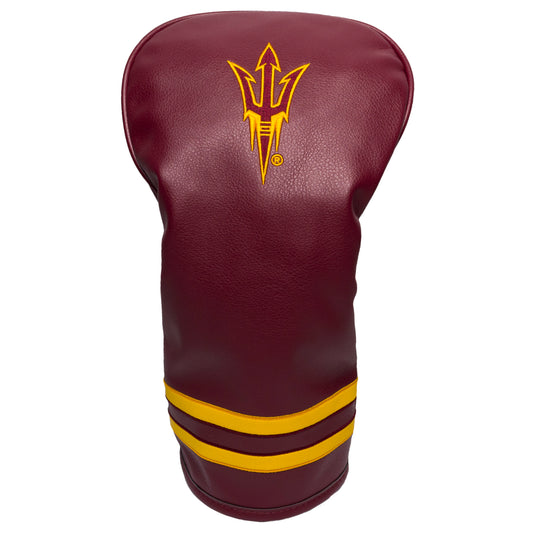 Maroon golf club head cover with yellow accents and logo on a white background